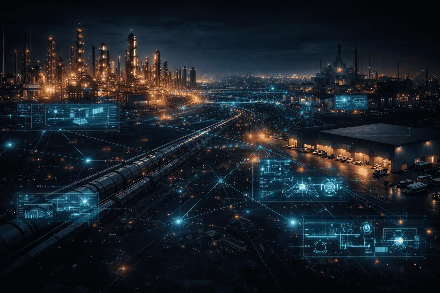 Industrial nightscape with AI data overlays