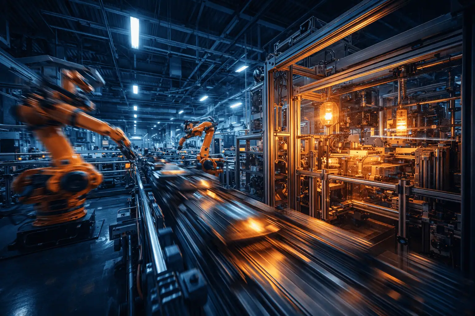 Wide-angle manufacturing floor with automated machinery, robotic arms, and conveyor systems