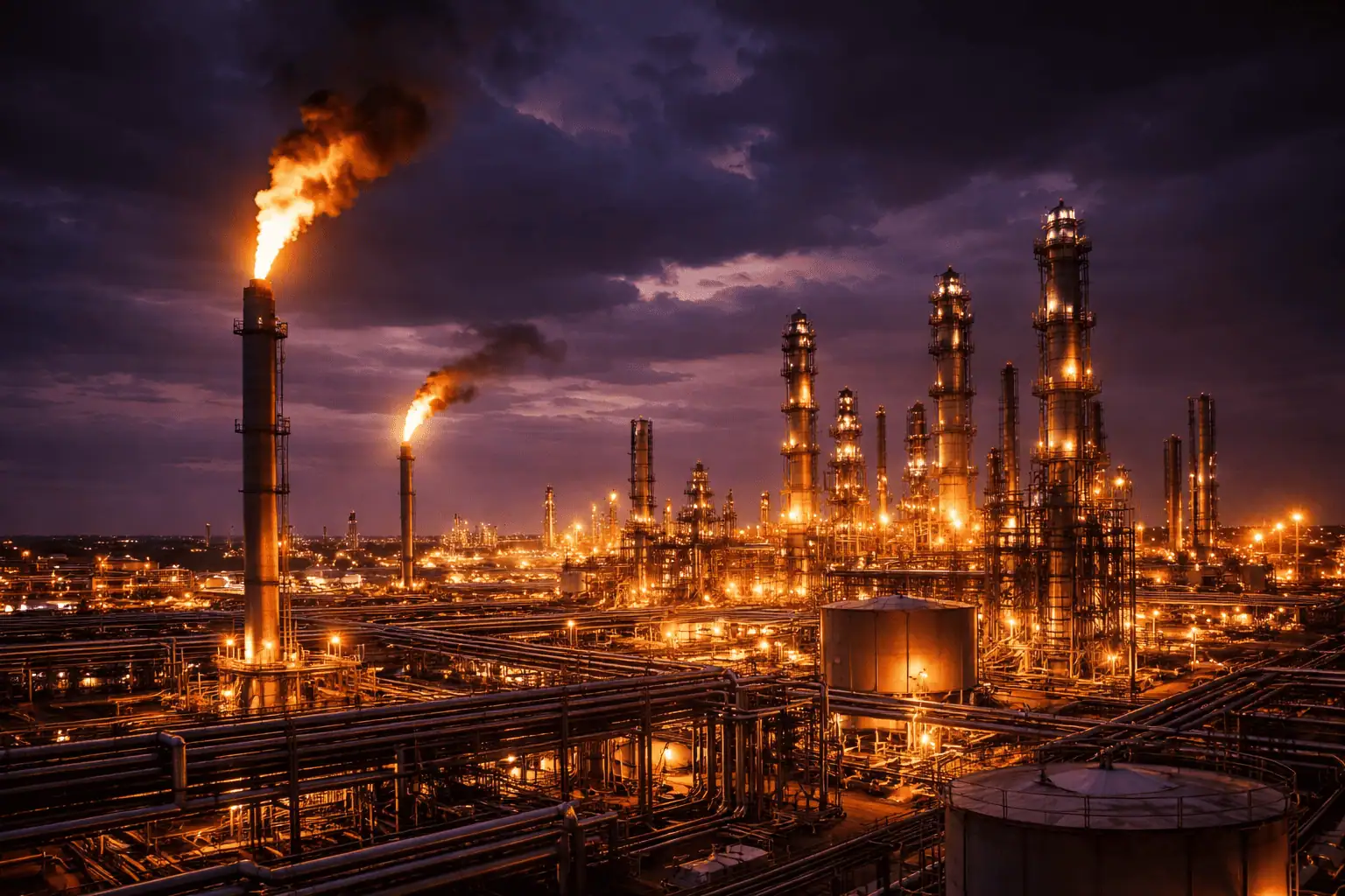 Dramatic oil and gas processing plant at twilight with flame stacks and industrial towers
