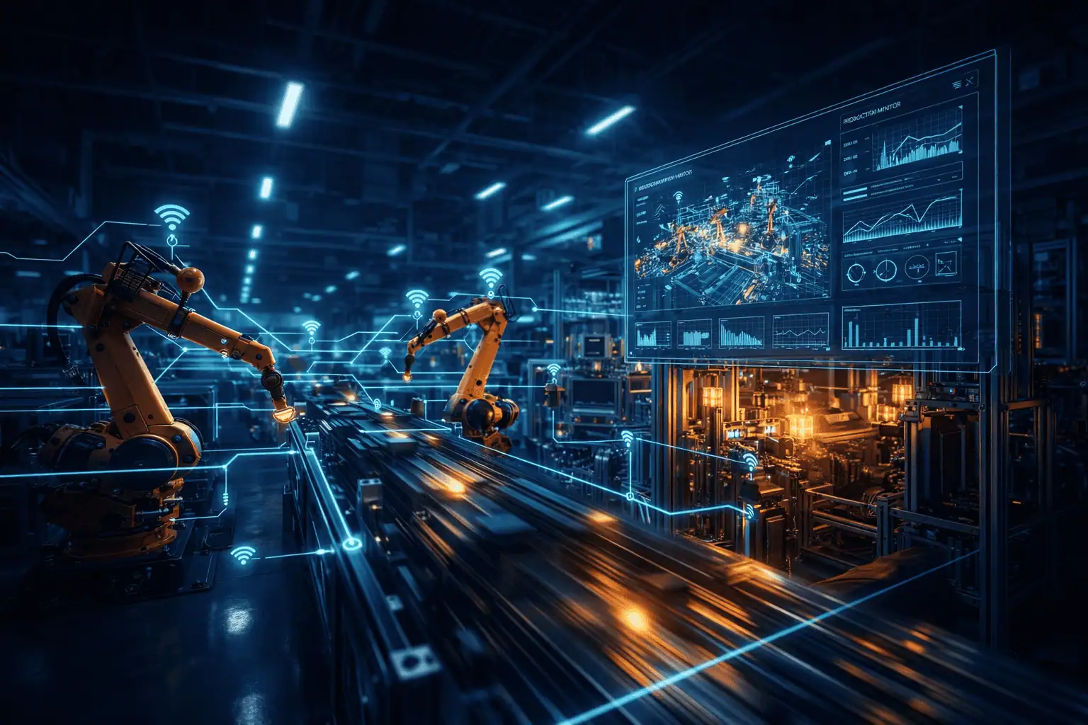 Smart factory floor with connected machinery and digital overlays