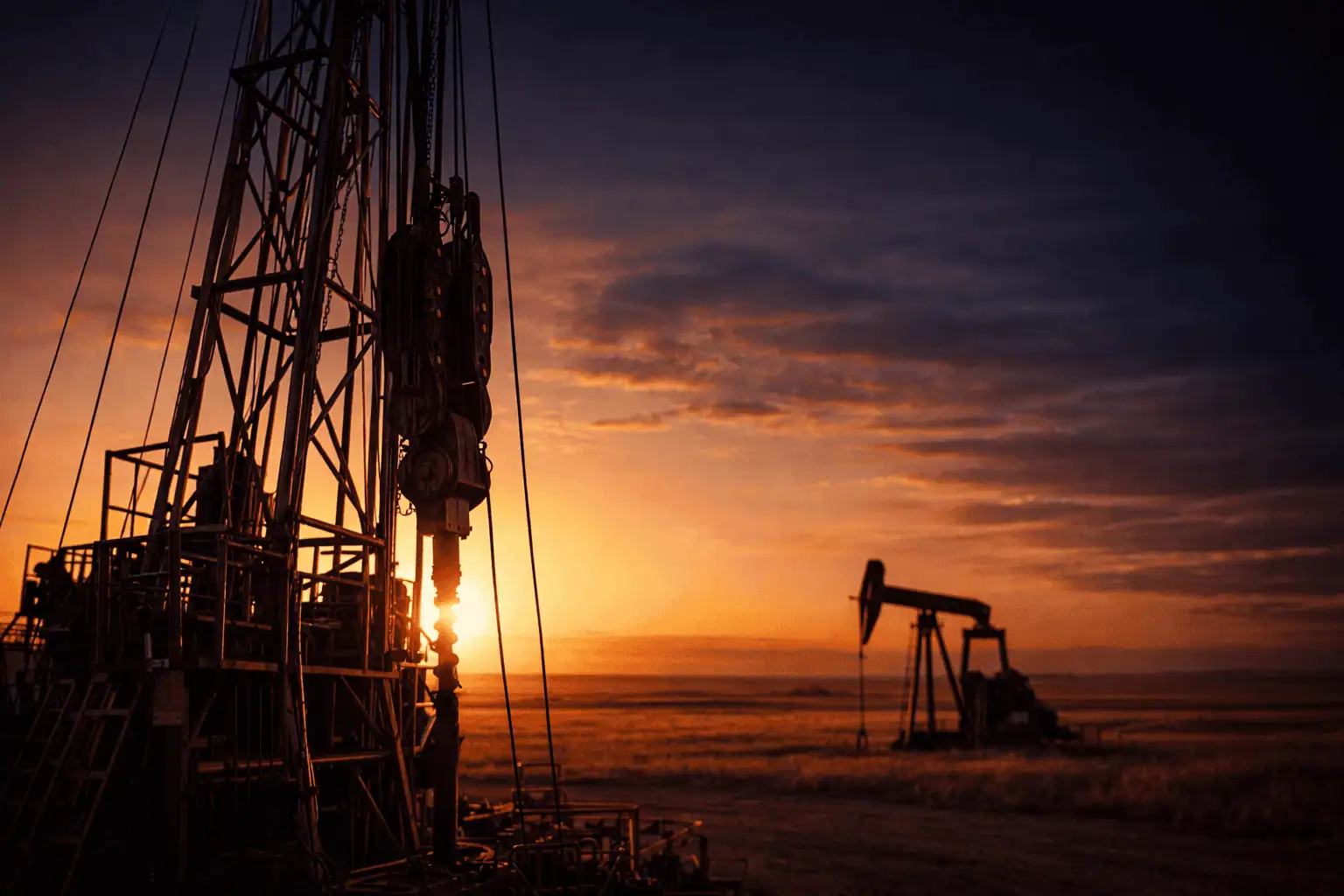 Workover rig on a prairie oil field at sunrise