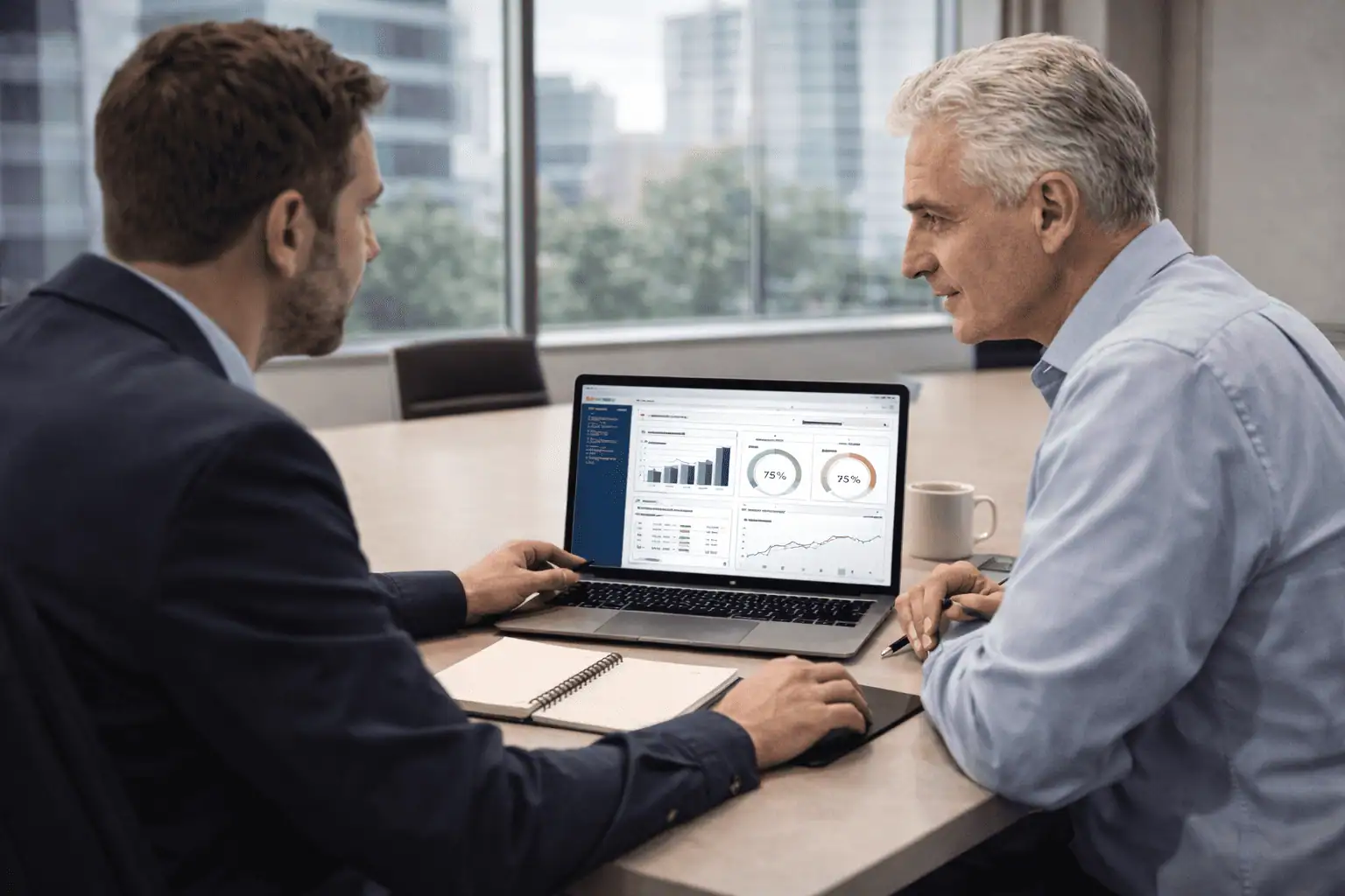 Business owner and consultant reviewing AI readiness dashboard at boardroom table