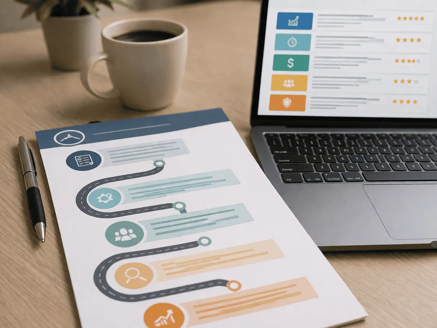 Printed AI readiness roadmap beside a laptop showing prioritized business opportunities