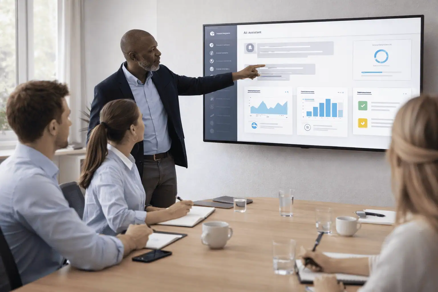 Small group of employees attending hands-on AI training workshop around large screen in modern meeting room