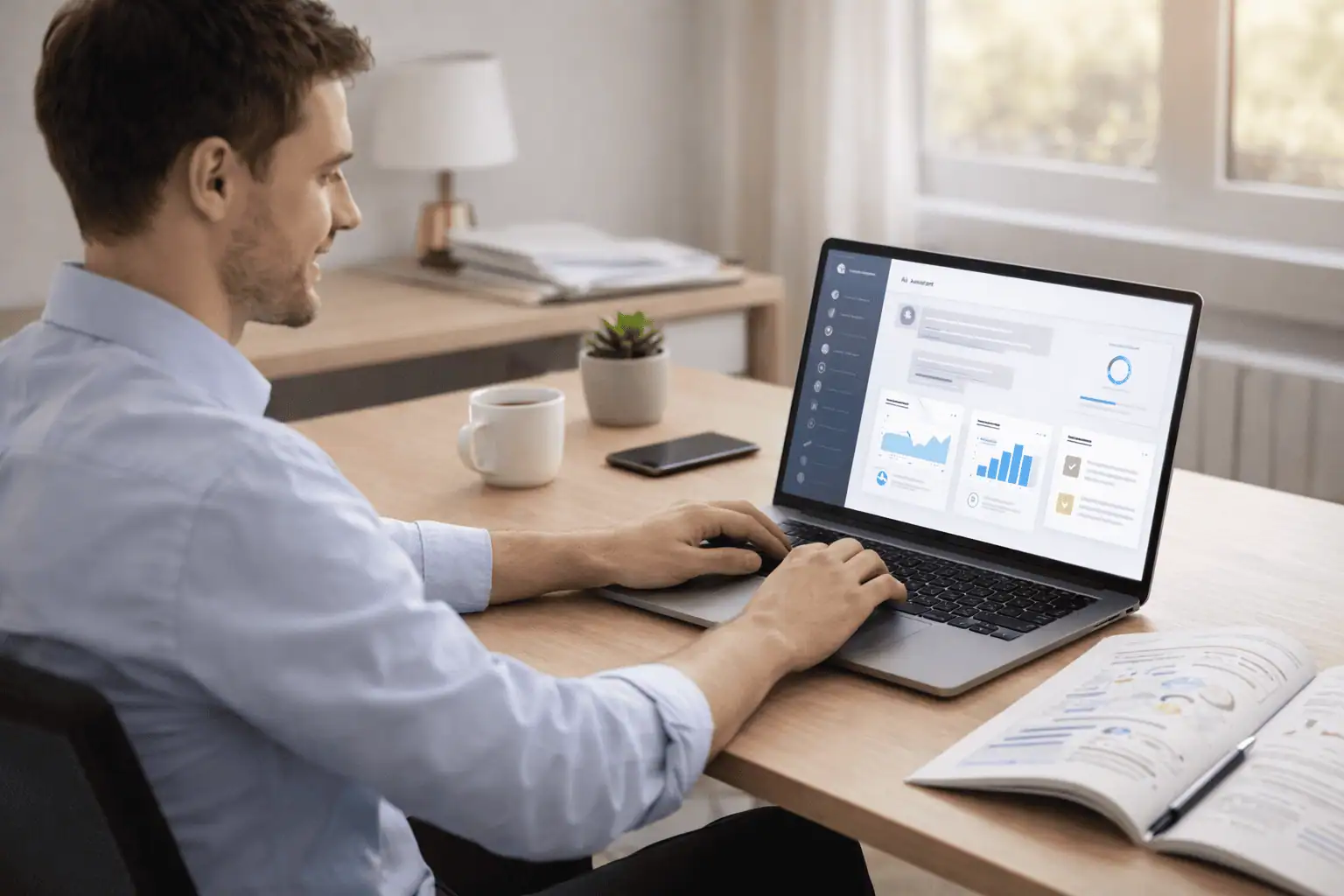 Employee confidently using AI tool on laptop with printed playbook open beside them at modern office desk