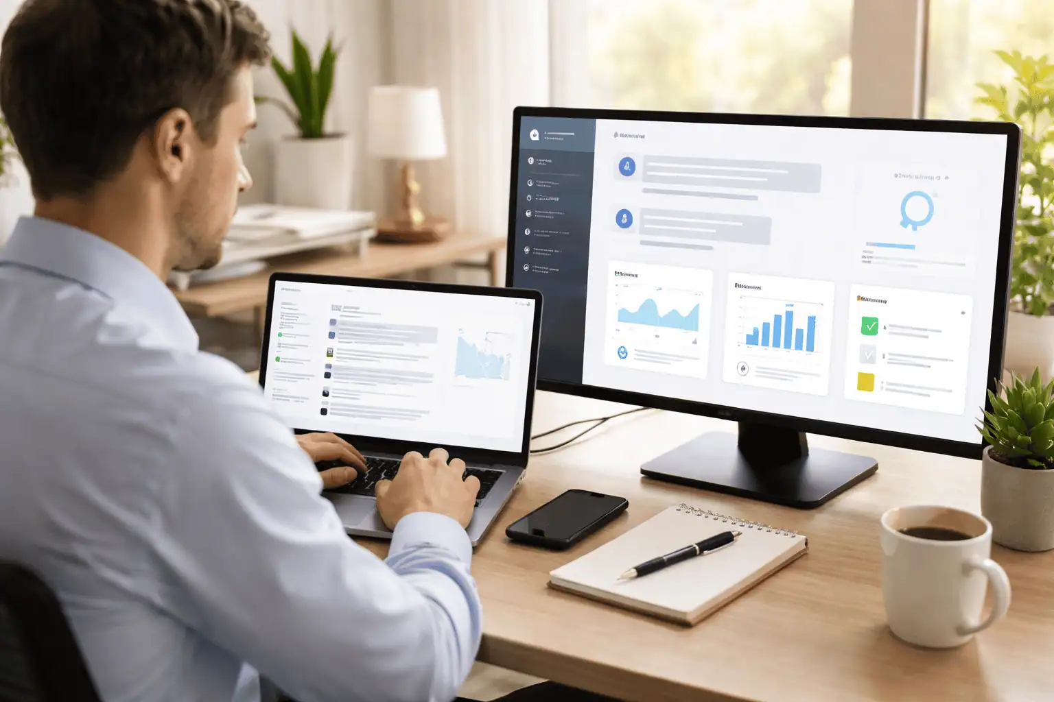 Professional working alongside AI assistant interface actively processing business tasks on second monitor