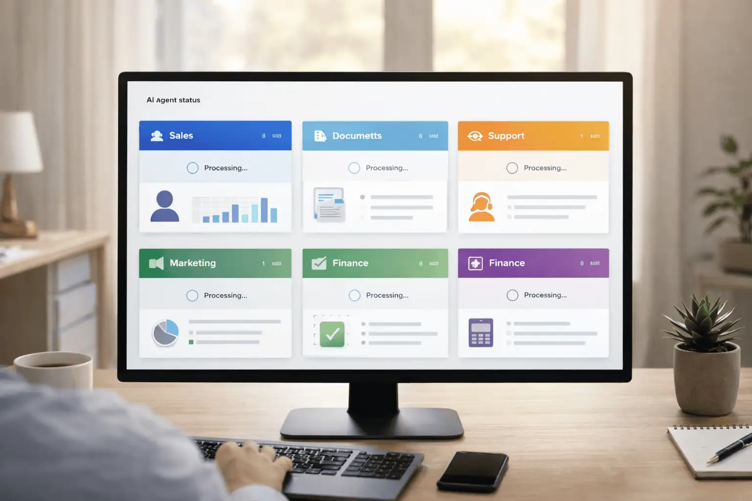 Dashboard showing multiple AI agent status panels for different business functions running simultaneously