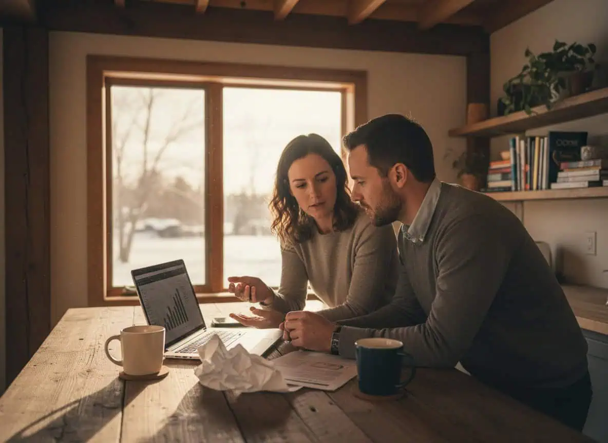 Two professionals talking at a kitchen table inside a small Canadian business office