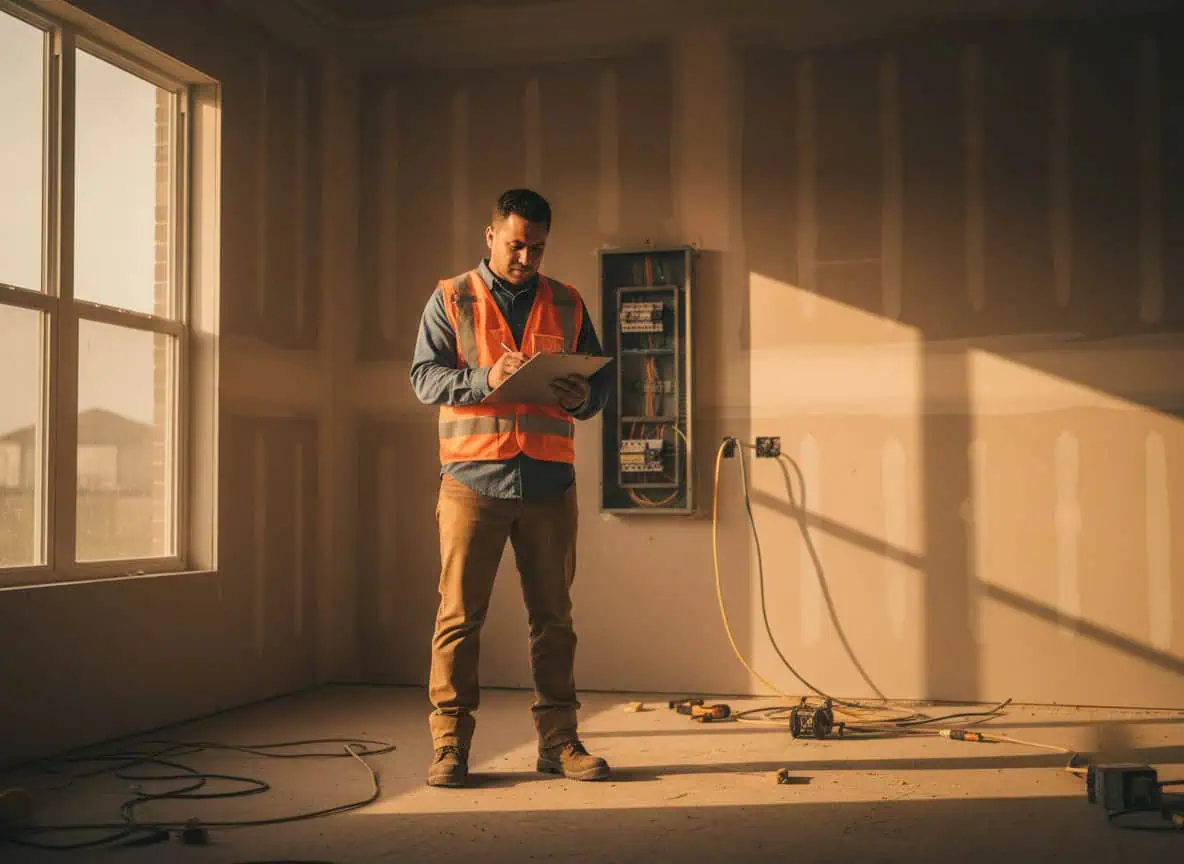 Electrician in a hi-vis vest holding a clipboard at a residential job site