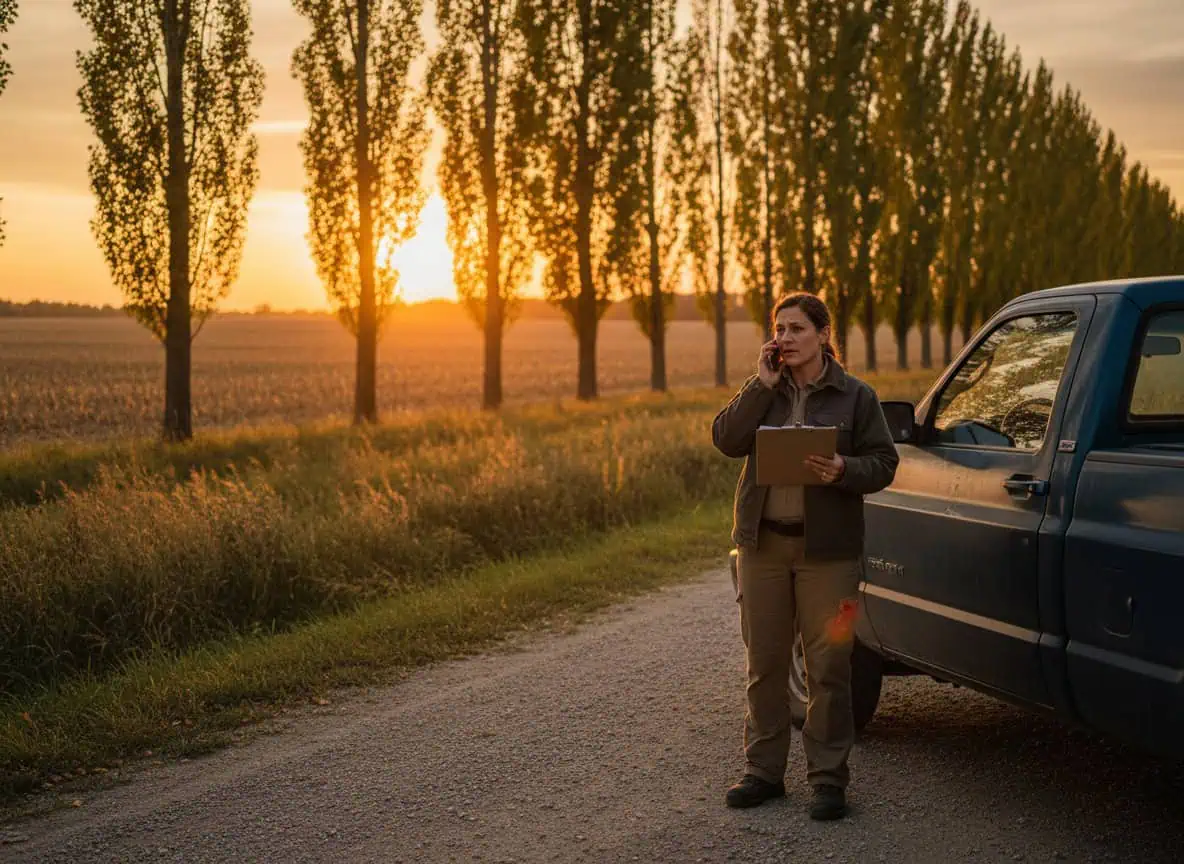 Field service technician beside a pickup truck on a rural Ontario road