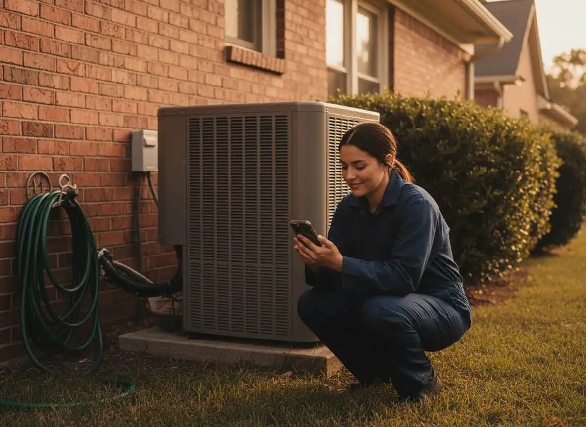 Residential HVAC technician kneeling beside an outdoor air conditioner unit