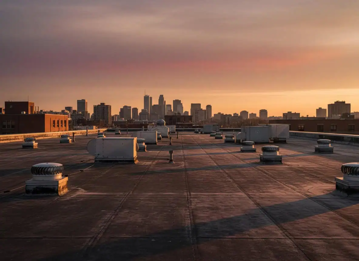 Flat commercial rooftop in Ontario at late afternoon