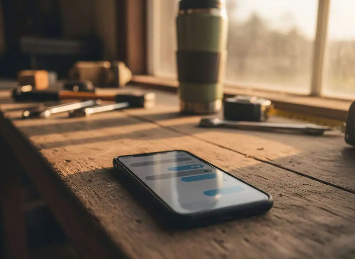 Smartphone on a contractor workbench showing a clean text-message interface
