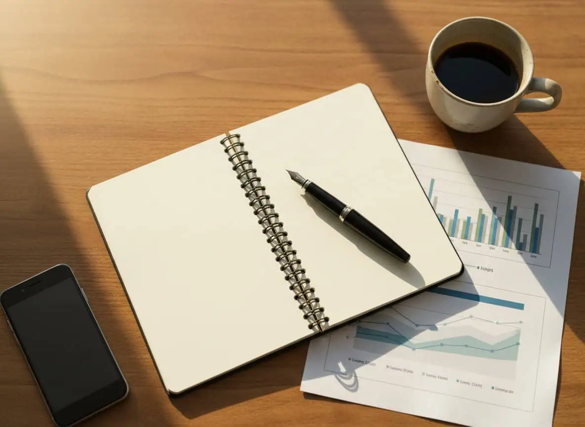 Top-down flat-lay of a wooden desk with notebook, pen, printed report, coffee, and phone