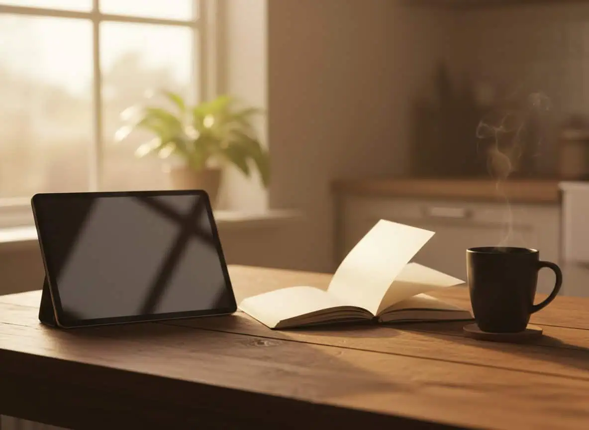 Tablet and notebook on a kitchen table beside a coffee mug