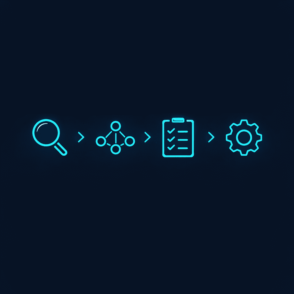 Four-step process flow visual with cyan accents