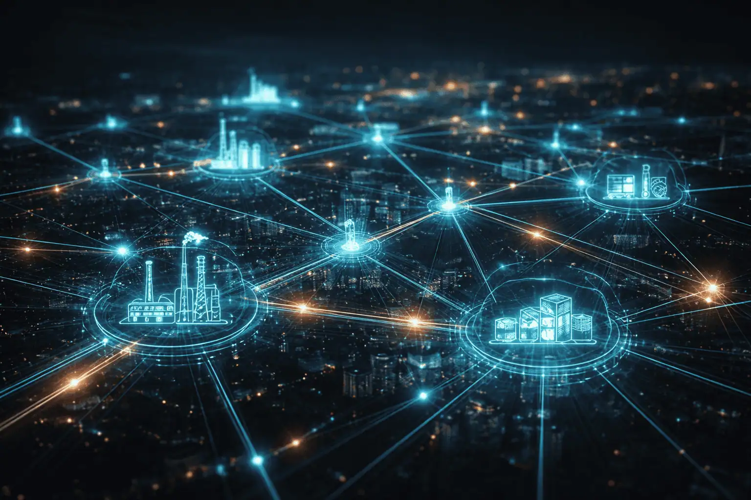 Industrial overview image with connected systems and data overlays