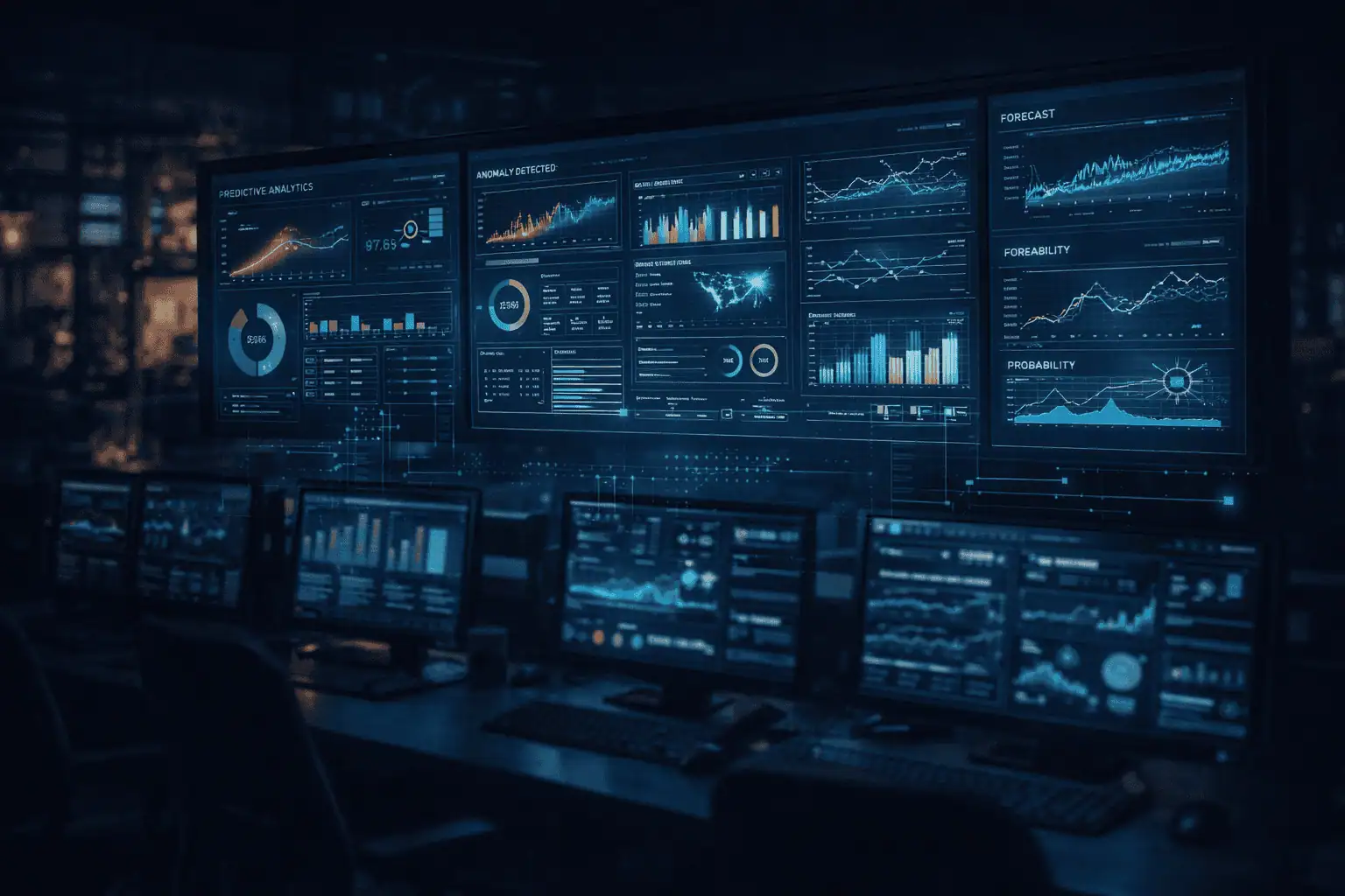 Industrial control room with live data displays and analytics systems