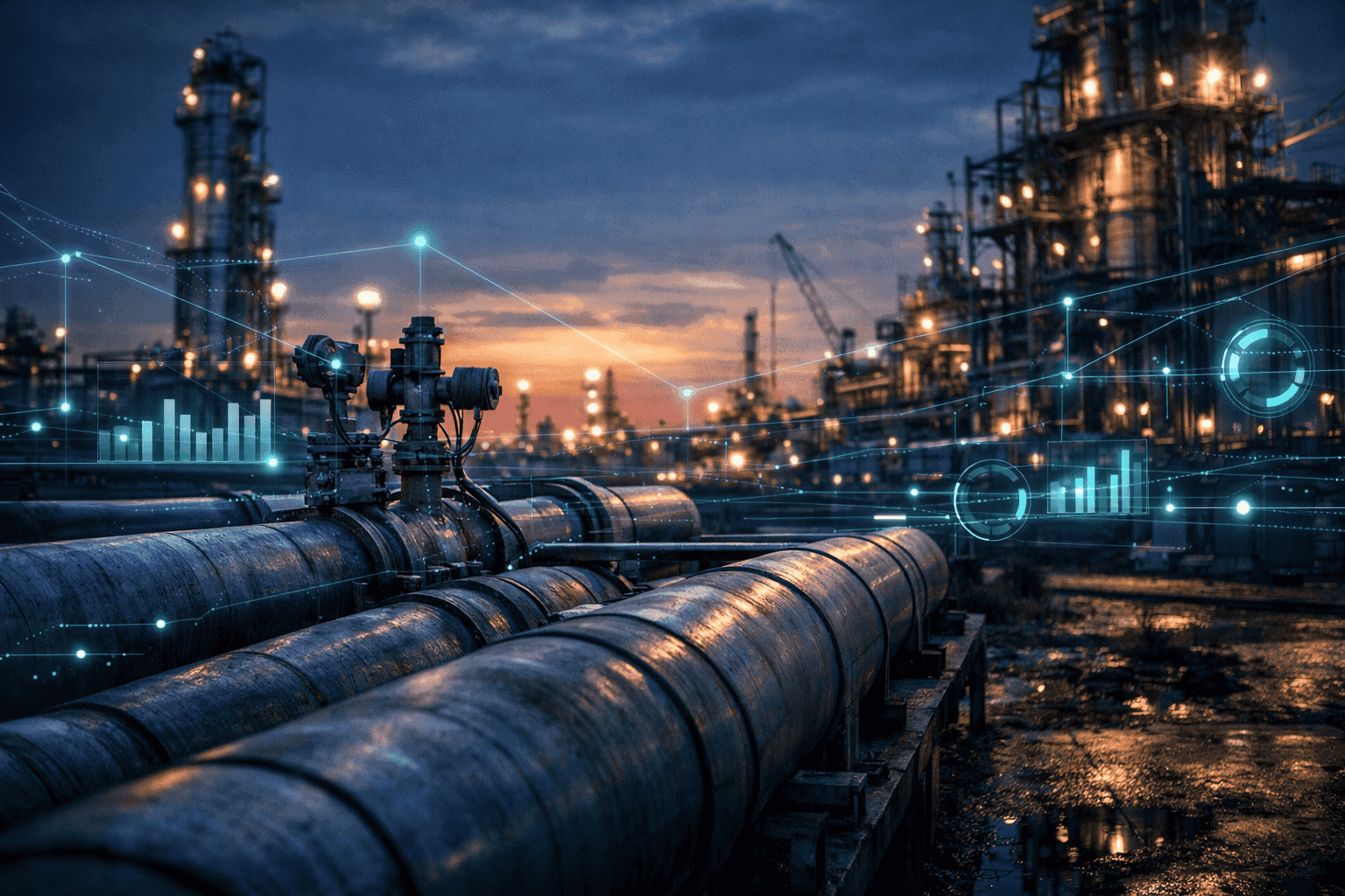 Business professional reviewing operations with digital system overlays