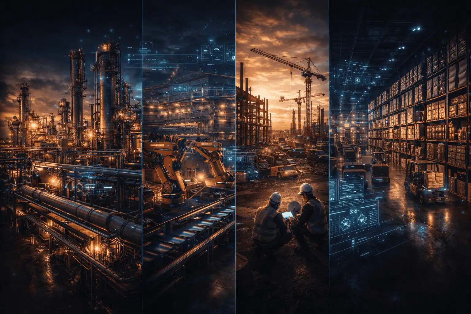 Cinematic industrial composite spanning energy and manufacturing environments