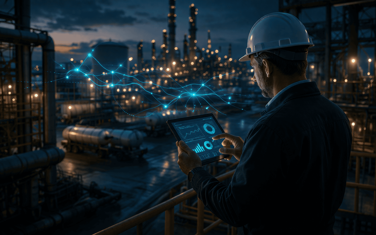 Industrial facility at dusk with subtle digital data overlays