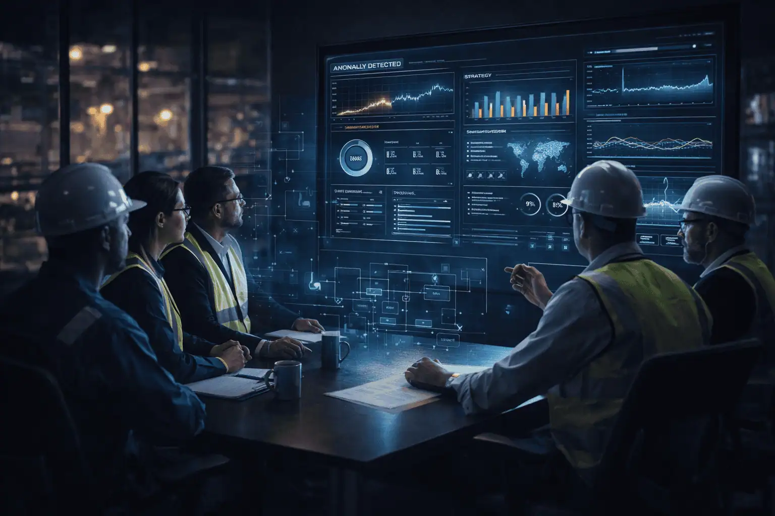 Industrial strategy meeting with analytics and planning visuals