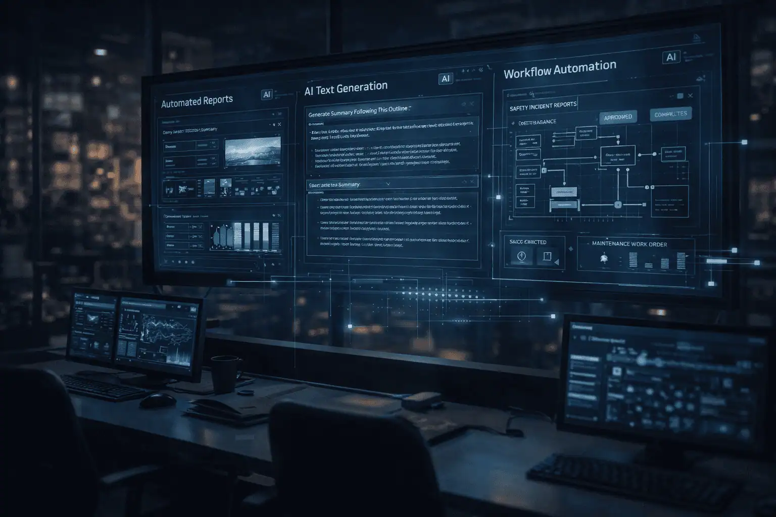 Modern operational workspace supported by AI-driven systems