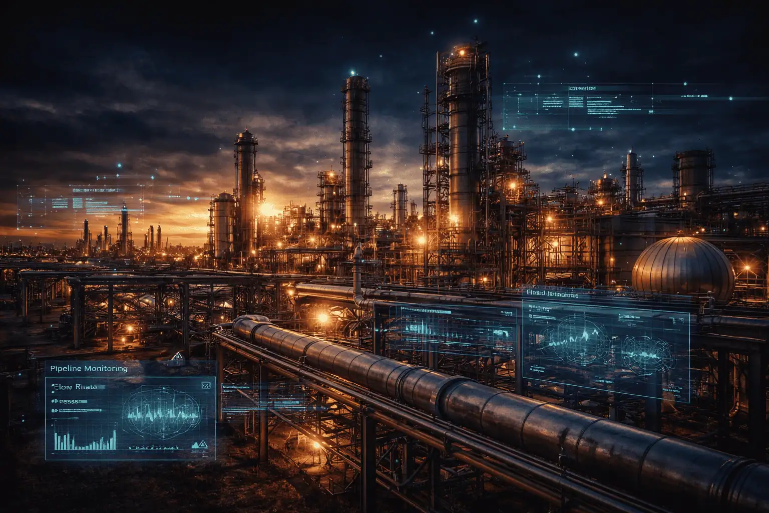 Oil refinery at dusk with holographic monitoring data