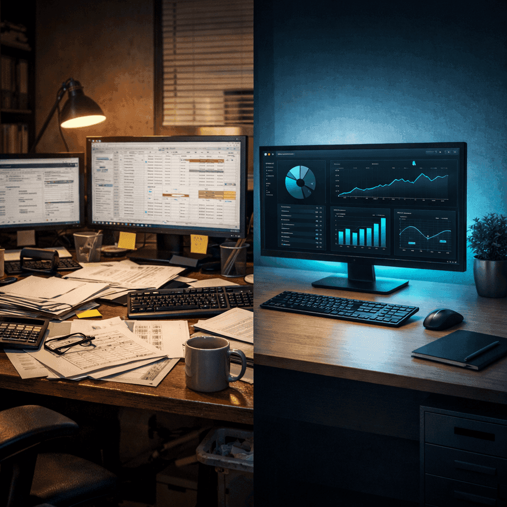 Split scene showing chaotic workflow versus organized dashboard-driven workflow