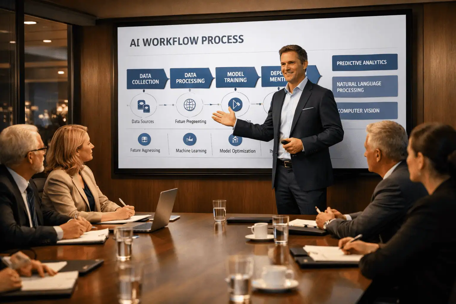 A consultant presenting AI workflow data to a business team in a modern boardroom