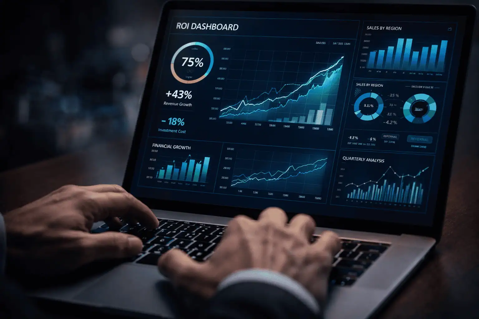 A laptop screen displaying ROI charts and financial dashboards with glowing data visualizations