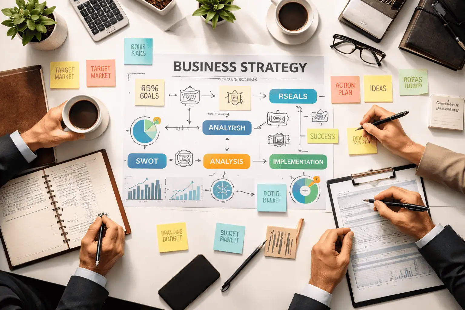 Overhead view of a business strategy session with workflow diagrams and sticky notes on a white desk
