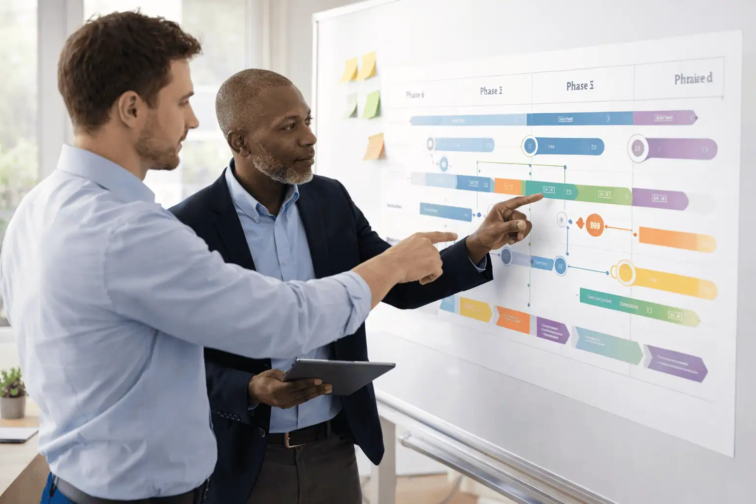 Business owner and consultant reviewing phased strategic roadmap on whiteboard in professional office