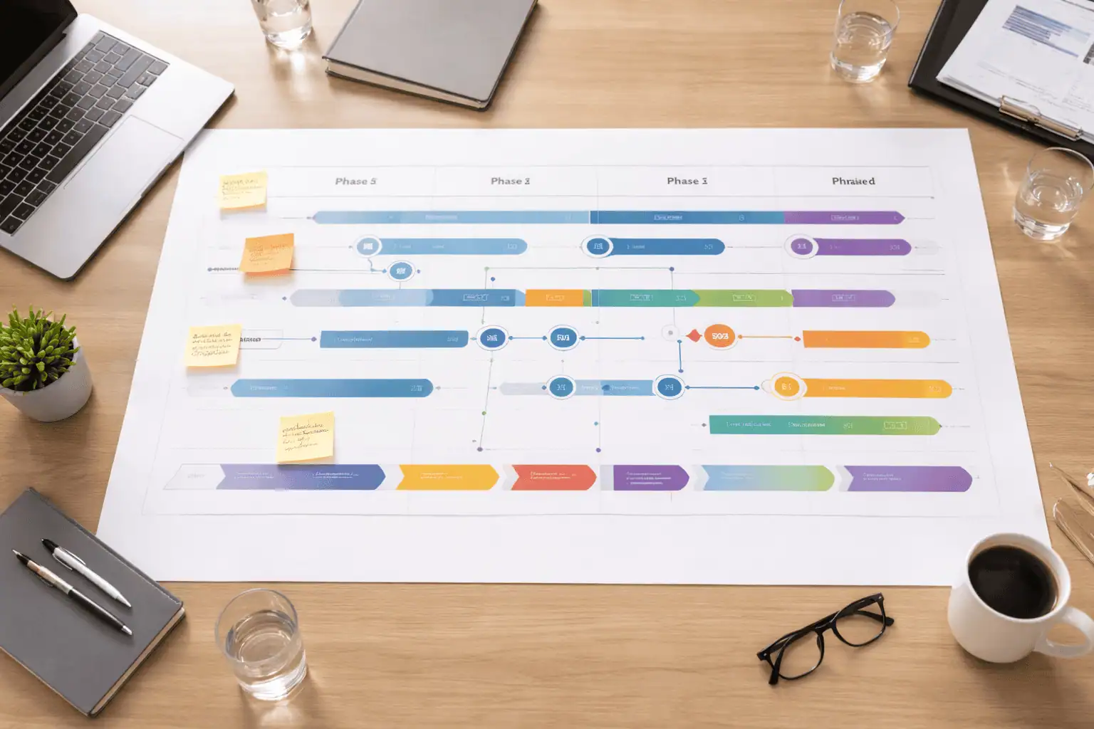 Overhead view of large printed strategic roadmap document on boardroom table with sticky notes and laptop