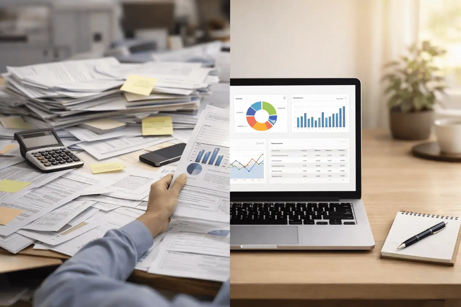 Split view showing manual paper-based process versus clean automated digital dashboard