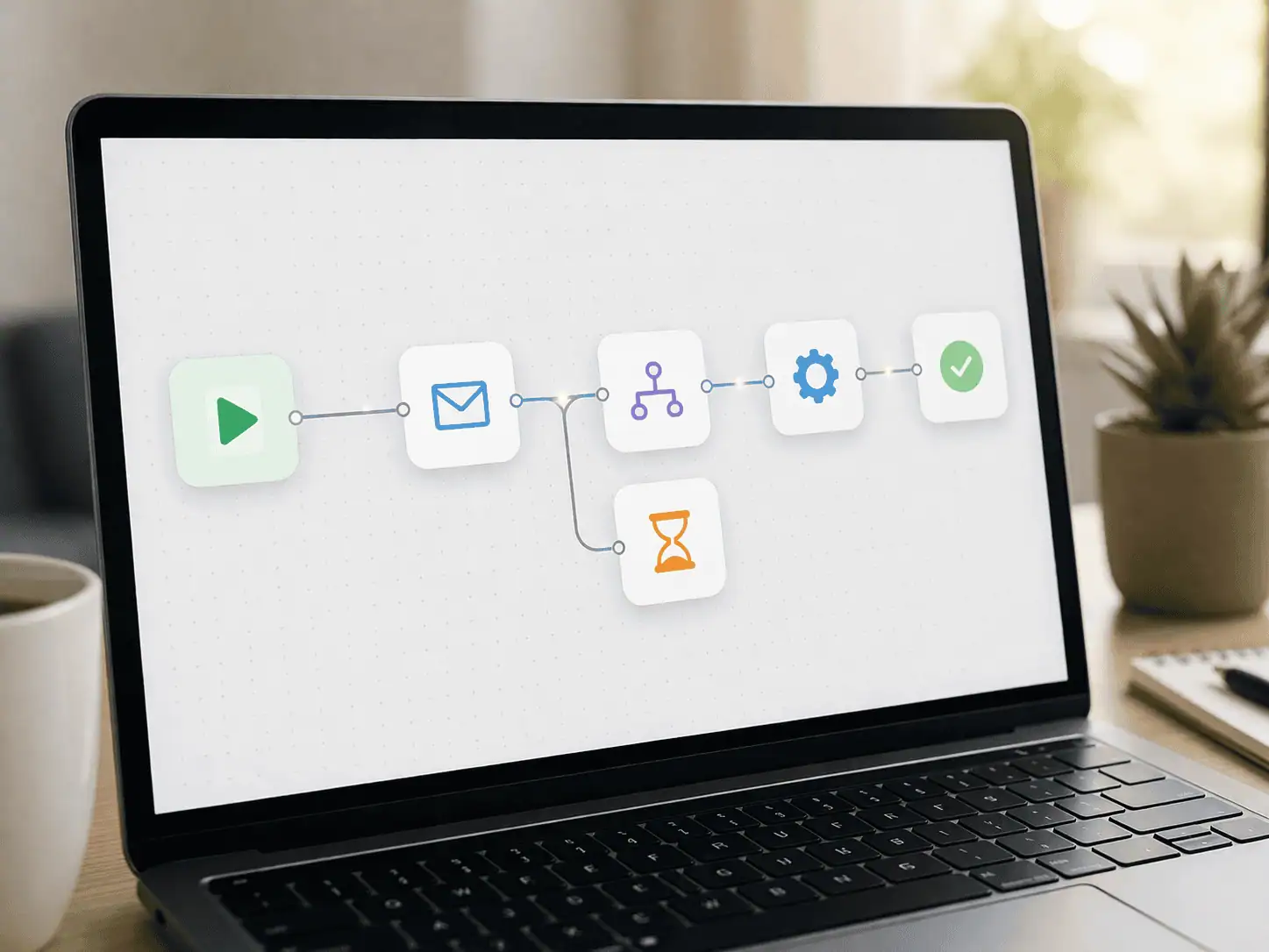 Laptop screen showing connected workflow automation diagram with automated process steps